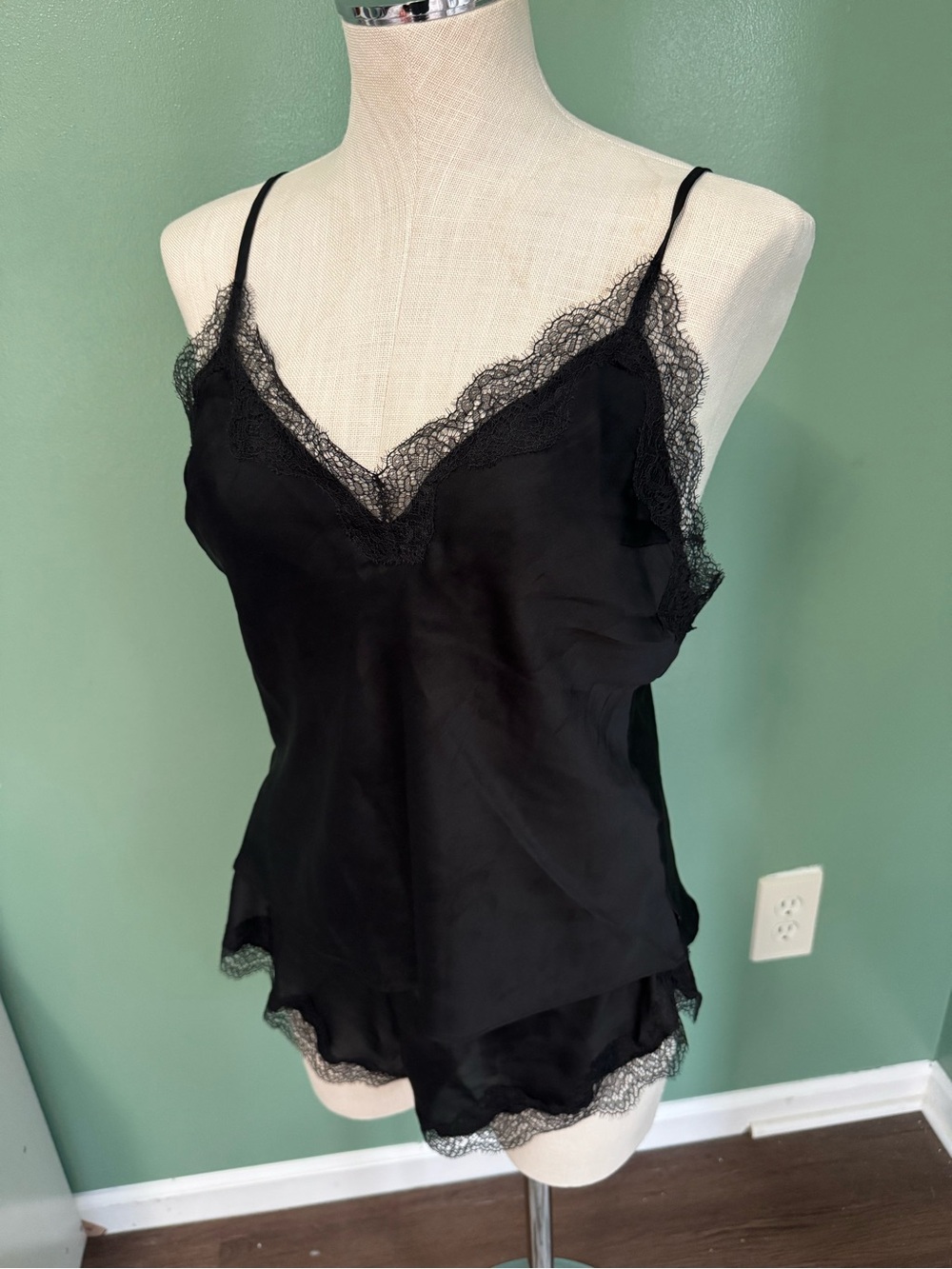 Victoria’s Secret Black Lace-Trim Silk Cami and Short Set
